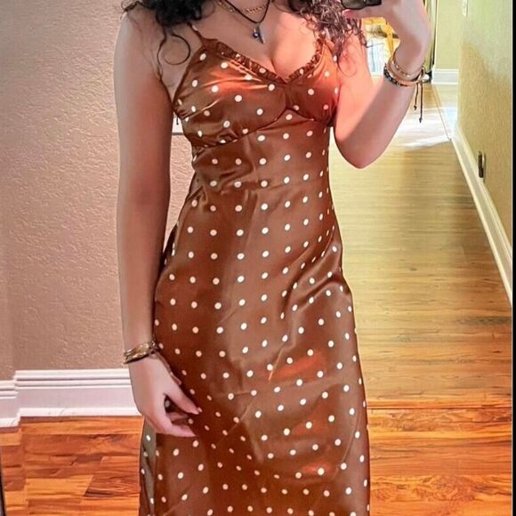 Brown Polka Dot 90s Style Prom Dress‎ Satin Slip Dress Ruffle Slit Women's Small - Picture 1 of 12